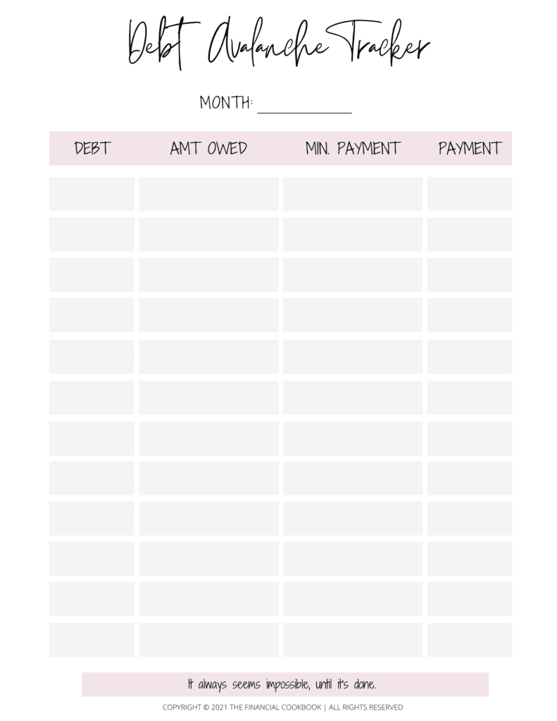 Free Debt Avalanche Tracker Printable
