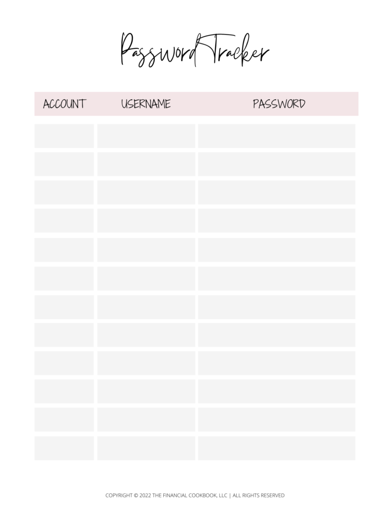 password tracker printable